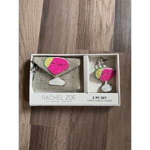 NWT Rachel Zoe Beaded Card Case and Charm Set Women OS Silver Pink Martini Glass